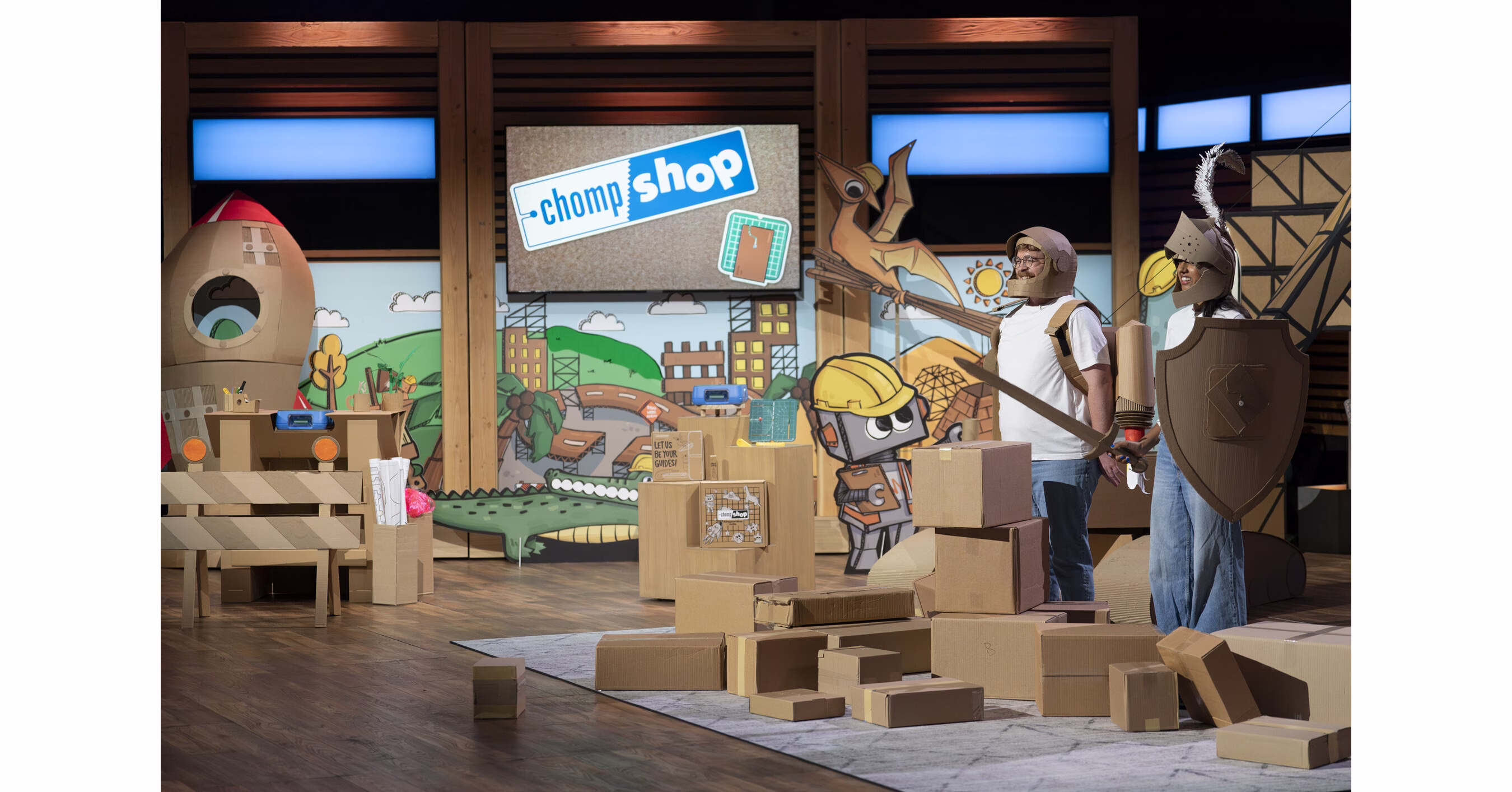 Max and Kausi presenting the ChompSaw pitch to the Shark Tank panel