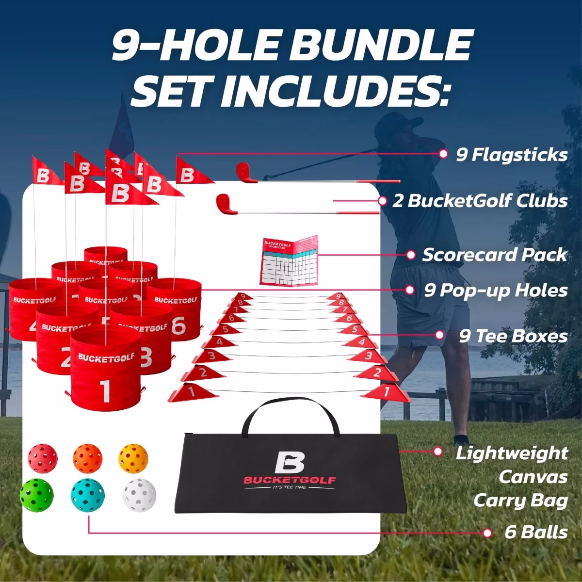 Friends playing the BucketGolf game in a backyard