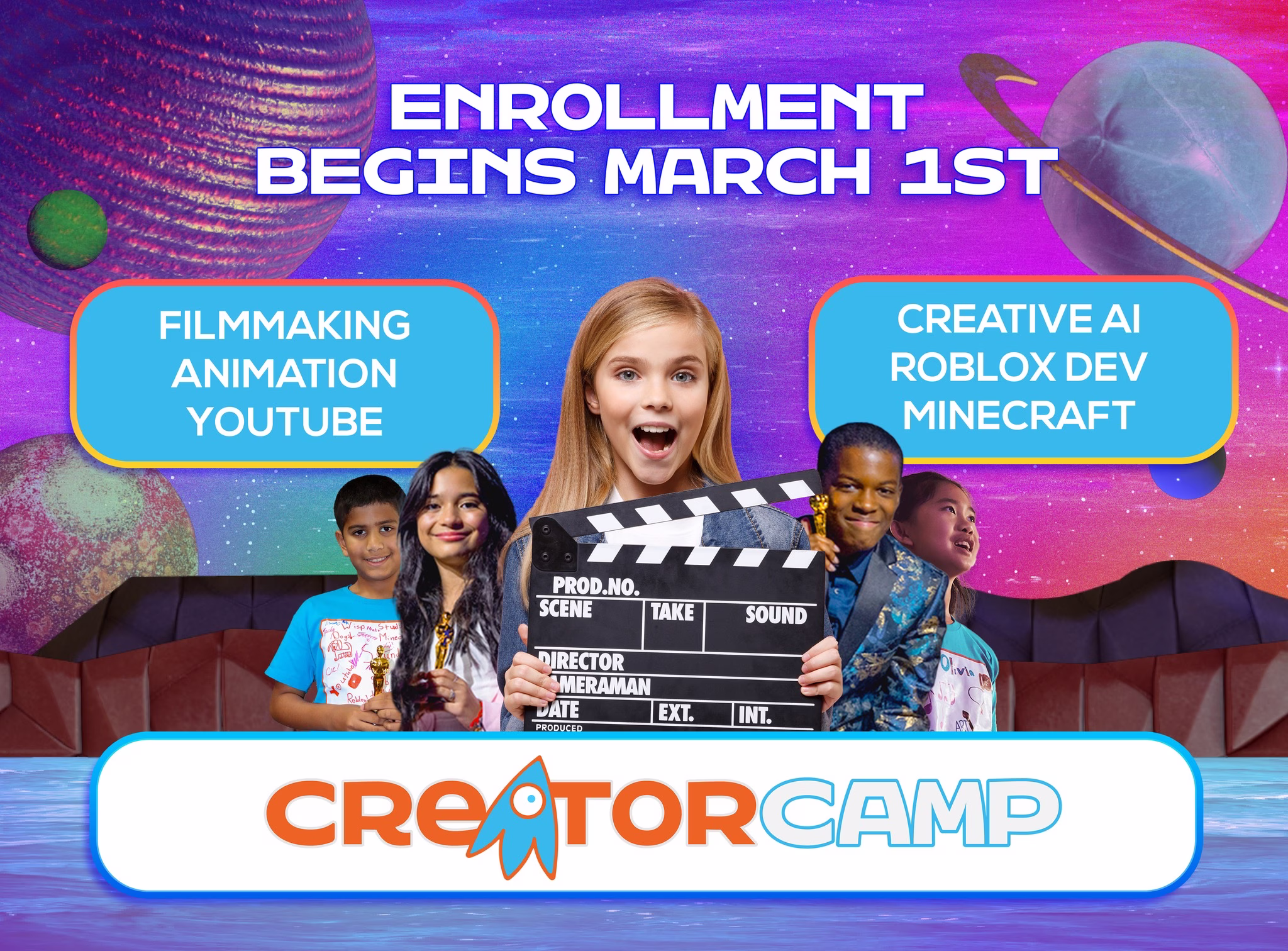 Creator Camp students learning how to film and edit video