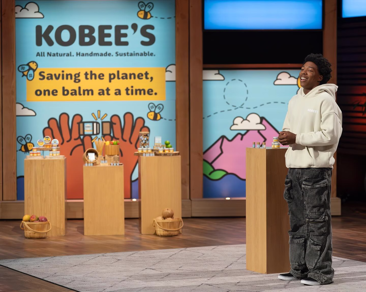 Kobe Harris passionately pitching the clean ingredients of his lip balms