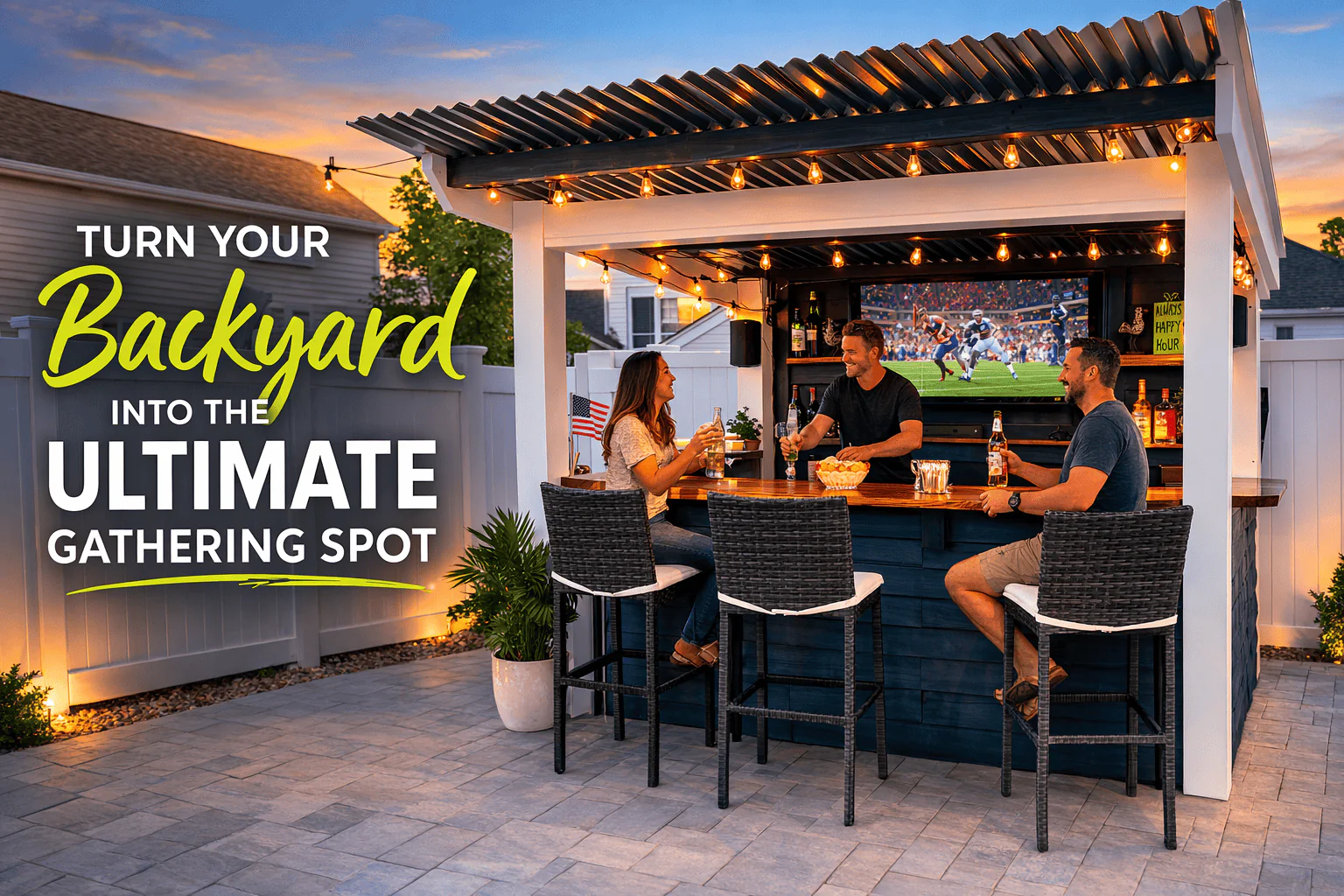 A fully assembled Taverns-To-Go wooden bar installed on a backyard patio